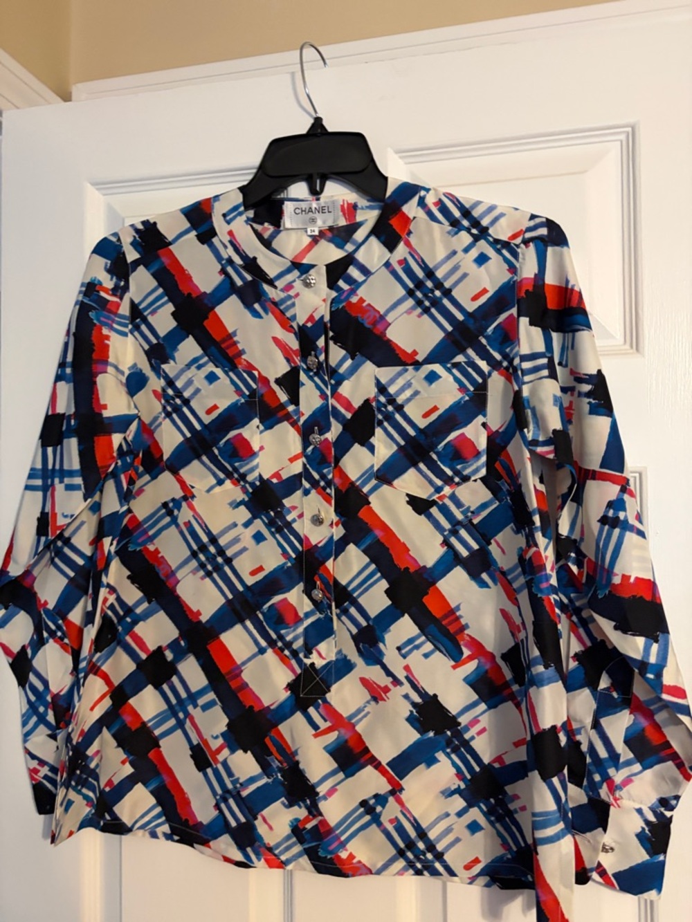CHANEL White Button-Front Shirt with Blue and Red Abstract Plaid